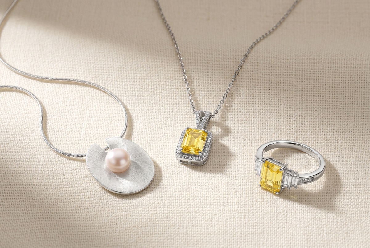 Luna Pearl Pendant beside the yellow-stone Golden Radiance necklace and matching ring on ivory linen, an AI-generated editorial arrangement.