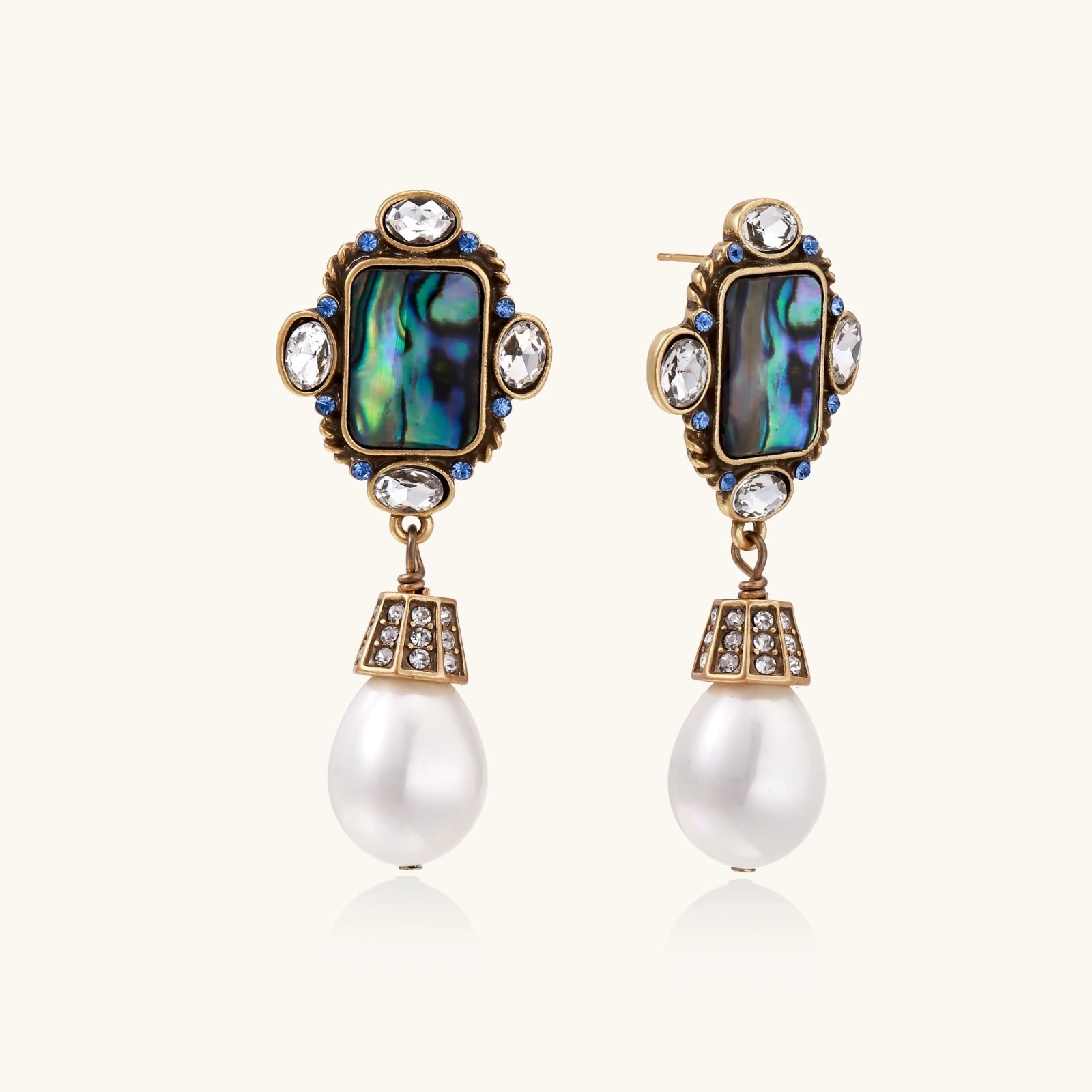 Ornate gold-plated drop earrings with rectangular abalone shell centers, crystal accents, and baroque pearl drops