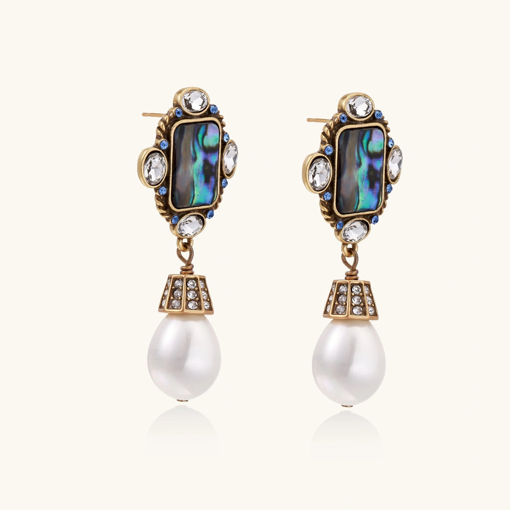 Ornate gold-plated drop earrings with rectangular abalone shell centers, crystal accents, and baroque pearl drops