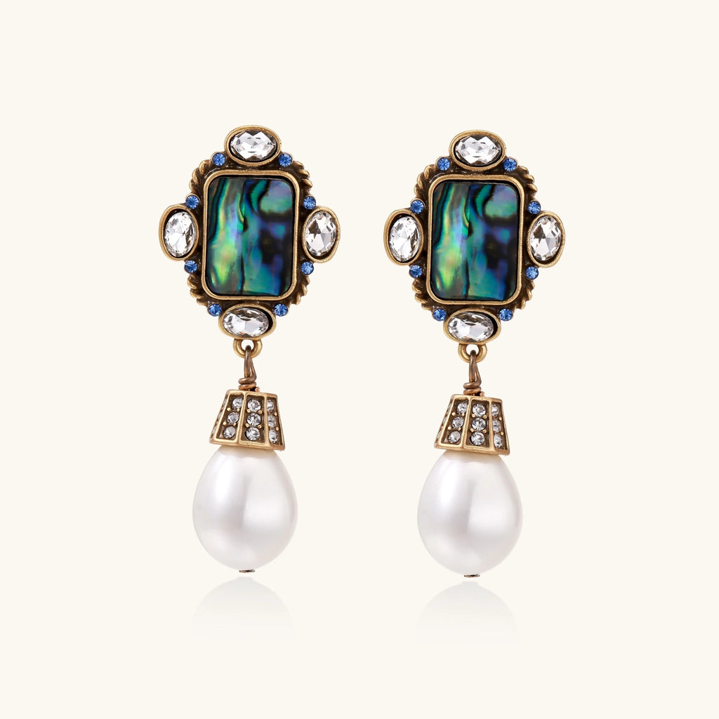 Ornate gold-plated drop earrings with rectangular abalone shell centers, crystal accents, and baroque pearl drops