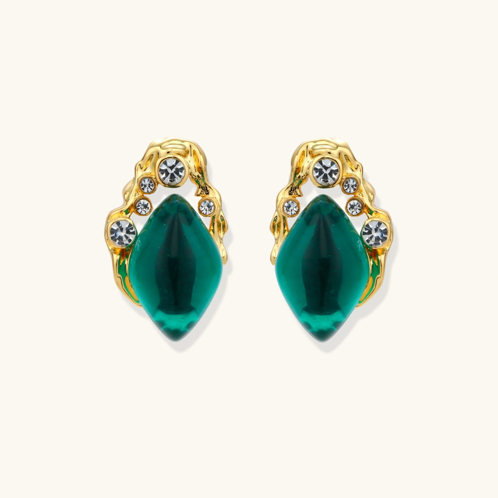 Gold-plated stud earrings featuring teardrop emerald green liuli stones with cubic zirconia crystal accents on white background.